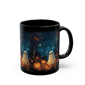 11 oz right night full of stars, ghosts, pumpkins, and shadow figures in the night mug for Halloween