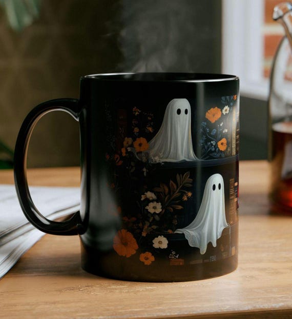 Book lover mug, Ghost Bookshelf Floral Design- Halloween Decor, Gothic Coffee Cup, gift for her book lover giftbook lover gift