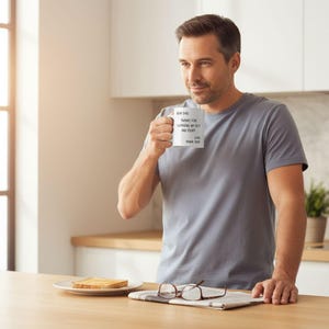 A man in a gray t-shirt stands in a kitchen, holding a mug and looking to the side. On the counter, there is a plate of toast and a pair of glasses.