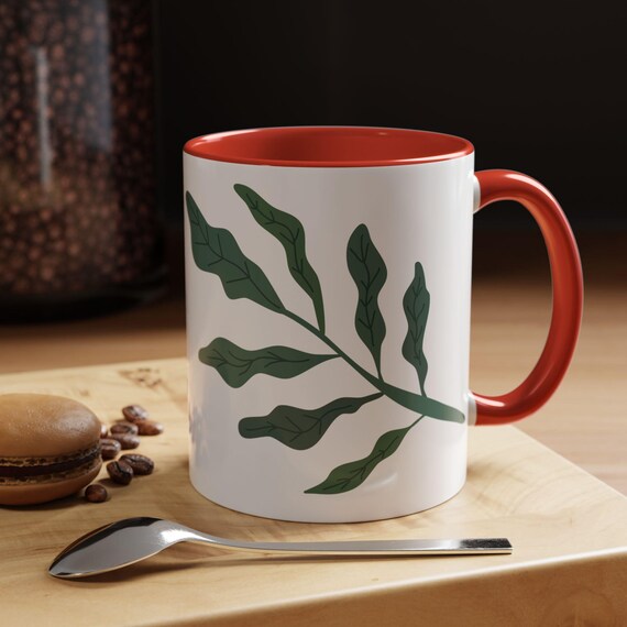 Green Leaf Pattern Coffee Mug, Nature Lovers Coffee Mug, Ceramic Coffee Cups, Green Leaves Mug, Favorite Coffee Mugs, Leaf Print Mug