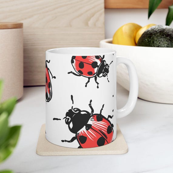 Red Ladybug Mug - Playful Hand-Drawn Pattern, Comfortable Handle