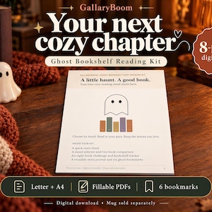 Kit de lectura fantasmas y biblioteca, planner PDF rellenable Letter/A4, reto 8 libros y marcapáginas