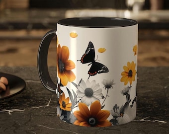 Sunflower Butterfly Coffee Mug, 11 oz Ceramic Floral Cup, Gift for Gardeners