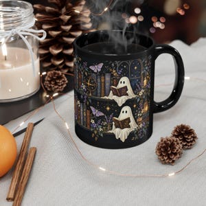 Moonlit Ghost Black Ceramic Mug, Gothic Window, Flowers & Stars, 11oz or 15oz