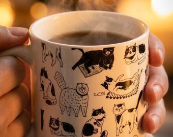 Taza con caras de gato - Taza de café de cerámica con diseño de boceto