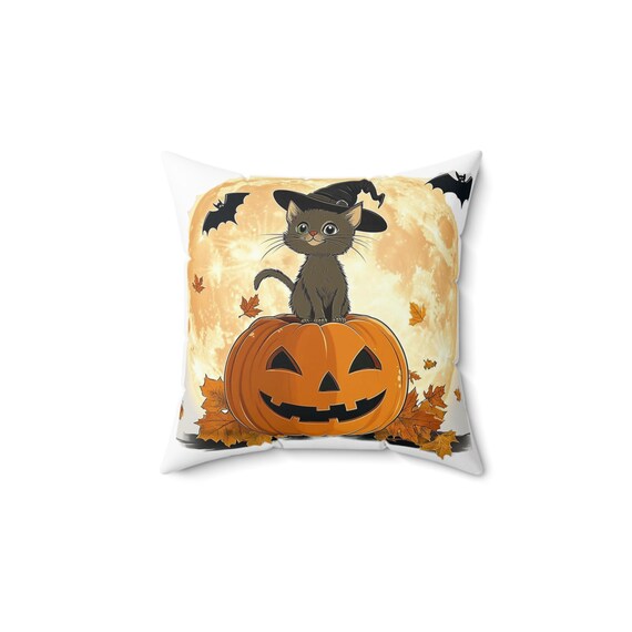 Cat on the Moon Pillow, Vintage Halloween Pillow, Unique Spooky Home Decor, Pumpkins Cat Throw Pillows, Square Throw Pillow, Home Decor