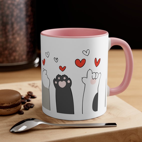 Adorable Pink Cat Mug with Paw Prints Hearts - Perfect for Cat Lovers