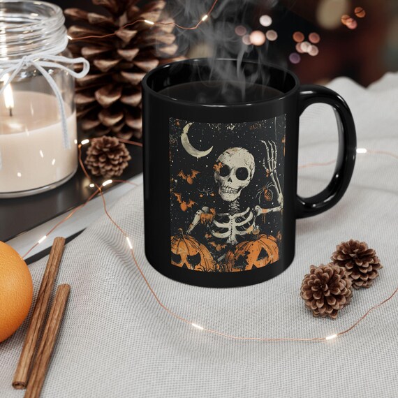 Skeleton mug |Waving skeleton| Black Ceramic mug Halloween mug| perfect Halloween gift, book lover gift