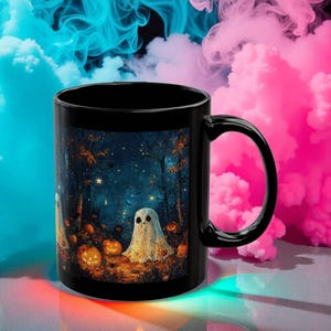 Taza de Halloween con diseño de fantasma: Taza de café de cerámica negra con diseño de calabaza imagen 1