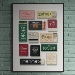 K&ouml;nnte beinhalten: Eine Sammlung von Streichholzschachteln mit verschiedenen Restaurant- und Bar-Logos. Die Streichholzschachteln sind in einem Raster auf wei&szlig;em Hintergrund angeordnet. Einige der Logos sind "Zahav", "Del Frisco's", "Parc", "Via Locusta", "Morimoto" und "Alpen Rose".