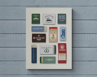 May include: A collection of 10 matchboxes with various designs. The matchboxes are arranged in three rows on a white background. The matchboxes feature nautical themes, including a ship, a lighthouse, a mermaid, and a seahorse. Some of the matchboxes also feature text, such as "The Black Pearl", "Surf Club", and "One Pelham East".