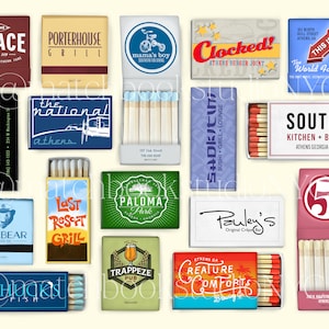 May include: A collection of matchbox labels featuring various businesses and establishments in Athens, Georgia. The labels are colorful and feature a variety of designs, including illustrations, text, and logos. Some of the businesses featured include The Place, Porterhouse Grill, Mama's Boy, Clocked! Athens Burger Joint, Ted's Most, The National Athens, Last Resort Grill, Paloma Park, Seabear Brew, Sadakichi Sushi Grill Lounge, Pauley's Original Crepe Bar, South Kitchen + Bar, Trappeze Pub, Creature Comforts Brewing Co., and 5 Bar.