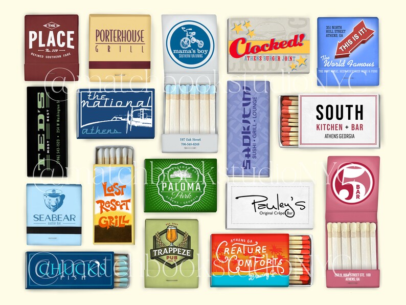 May include: A collection of matchbox labels featuring various businesses and establishments in Athens, Georgia. The labels are colorful and feature a variety of designs, including illustrations, text, and logos. Some of the businesses featured include The Place, Porterhouse Grill, Mama's Boy, Clocked! Athens Burger Joint, Ted's Most, The National Athens, Last Resort Grill, Paloma Park, Seabear Brew, Sadakichi Sushi Grill Lounge, Pauley's Original Crepe Bar, South Kitchen + Bar, Trappeze Pub, Creature Comforts Brewing Co., and 5 Bar.