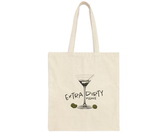 Extra Dirty Martini Please | Cotton Canvas Tote Bag | Martini and Olives detail