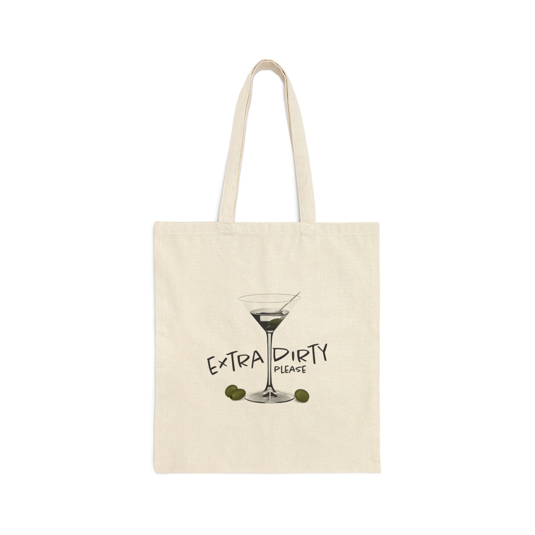 Extra Dirty Martini Please | Cotton Canvas Tote Bag | Martini and Olives detail