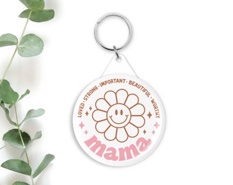 Mama Keyring - Retro Smiley Flower Design - Mother's Day Gift - Strong & Beautiful