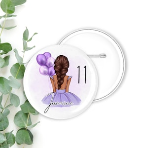 Personalised Birthday Badge, Number Badge, Button Badge for Birthday, Purple Birthday Badge, Girls Birthday Accessory