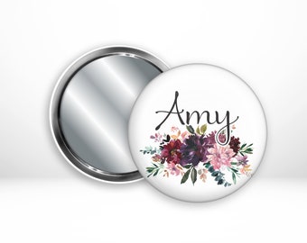 Personalised Pocket Mirror, Bridal Party Gifts, Wedding Favours, Floral Wreath Compact Mirror, 58mm Pocket Mirror, Name Gift, Gift for Her