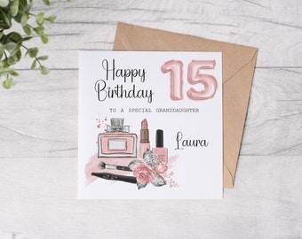 Tarjeta de cumpleaños número 15 para niñas, tarjeta de cumpleaños personalizada, tarjeta de cumpleaños para niñas adolescentes, tarjeta para ella, tarjeta de cumpleaños de maquillaje, cumpleaños de adolescente