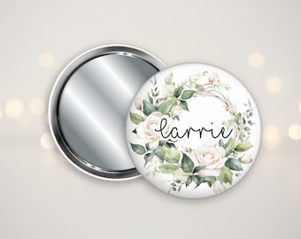 Personalised Pocket Mirror, Bridal Party Gifts, Wedding Favours, Floral Wreath Compact Mirror, 58mm Pocket Mirror, Name Gift, Gift for Her