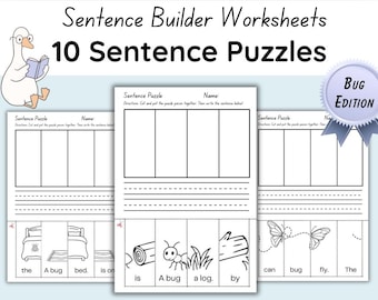 Bug Sentence Builder Worksheets: CVC & Sight Words Cut and Paste Sentence Puzzles (10 Pages)