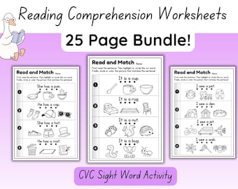 CVC Word Reading Comprehension Worksheets: Kindergarten & Preschool (25 Pages)