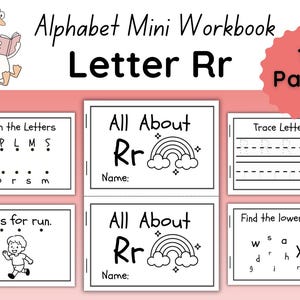 以下が含まれることがあります： アルファベットミニワークブック、文字Rr用。さまざまな教育活動が特徴です。文字のマッチング、トレース、小文字の識別のためのページが含まれています。メガネをかけた漫画のガチョウが本を読んでいます。