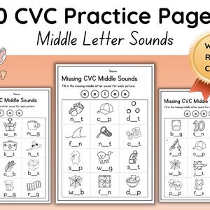 Puede incluir: Hojas de trabajo educativas para estudiantes jóvenes. La imagen muestra tres páginas con práctica de palabras CVC (consonante-vocal-consonante). Las hojas de trabajo presentan ilustraciones y ejercicios para completar para aprender los sonidos de las letras medias.