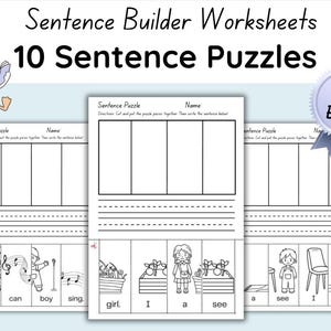 Puede incluir: Hojas de trabajo imprimibles para niños para construir oraciones. Las hojas de trabajo presentan rompecabezas de oraciones con ilustraciones y el texto "Sentence Builder Worksheets" y "10 Sentence Puzzles". Un ganso de dibujos animados con gafas y un libro está en la esquina.