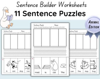 Animal Sentence Builder Worksheets: CVC & Sight Words Cut and Paste Puzzles (11 Pages)