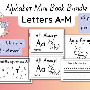 Op de afbeelding: Alfabet Mini Boek Bundel voor letters A-M. De afbeelding toont verschillende miniboe boeken met de letter A en een mierenillustratie. De boeken bevatten activiteiten zoals kleuren, matchen, traceren en lezen. De tekst luidt: "Kleur, match, traceer, lees en meer!"