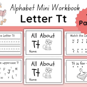 May include: A children's workbook titled "Alphabet Mini Workbook Letter Tt" with 13 pages. The workbook features tracing exercises, letter matching, and illustrations of a tiger and a spinning top. A cartoon goose with glasses is reading a book.