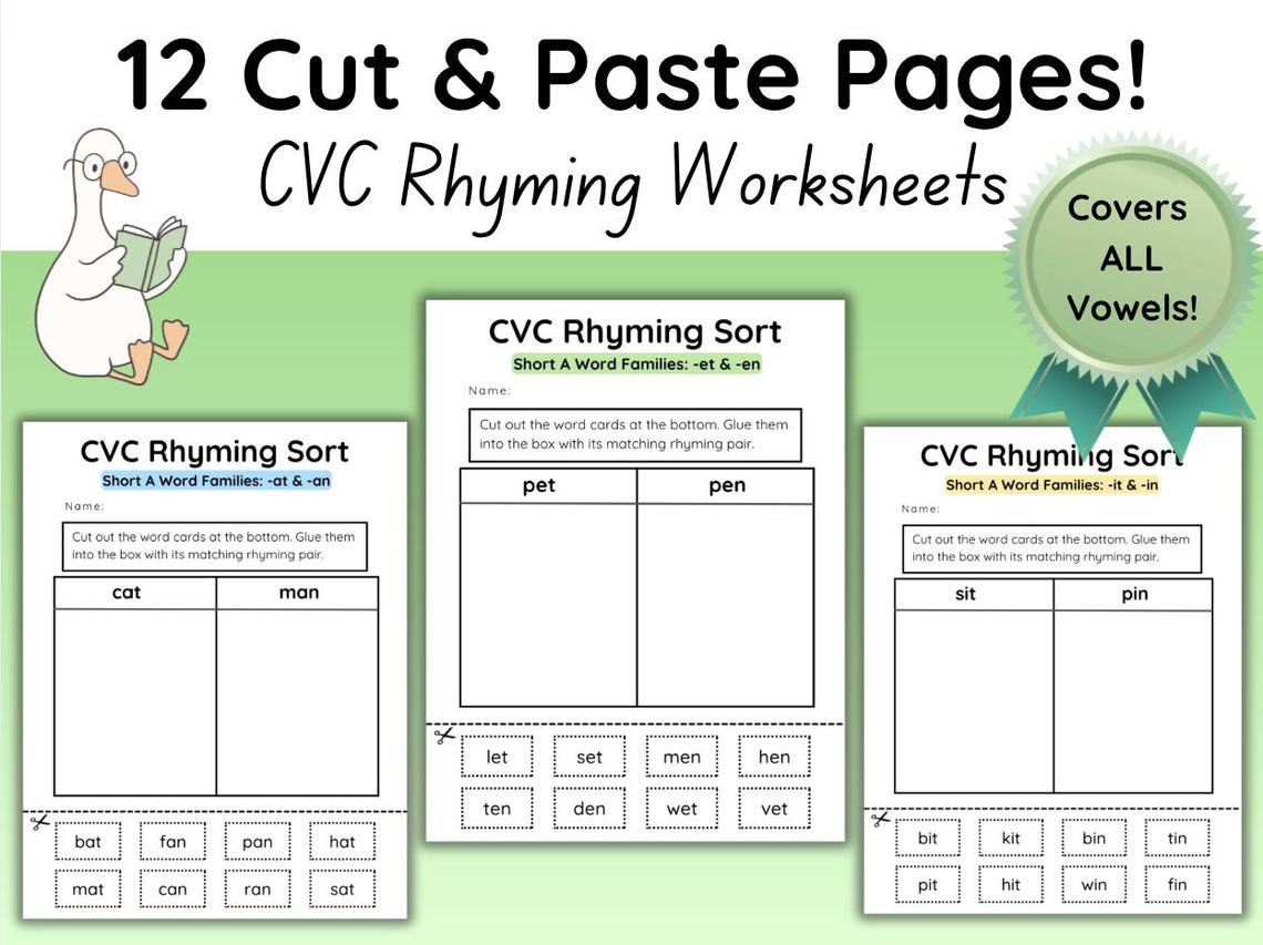 CVC Rhyming Word Family Worksheets | 12 Cut & Paste Pages - Etsy