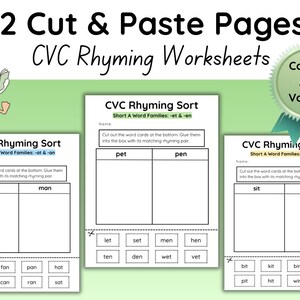 CVC Rhyming Word Family Worksheets | 12 Cut & Paste Pages - Etsy