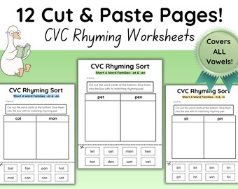 CVC Rhyming Word Family Worksheets | 12 Cut & Paste Pages
