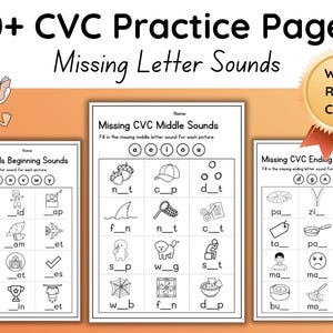 May include: Educational printable worksheets for CVC word practice. The pages feature fill-in-the-blank exercises for beginning, middle, and ending sounds. Includes a cartoon goose reading a book and a gold seal that says "Write! Read! Color!"