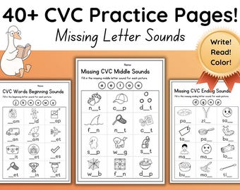 Puede incluir: Hojas de trabajo educativas para la práctica de palabras CVC. Las páginas presentan ejercicios para completar los sonidos iniciales, medios y finales. Incluye un ganso de dibujos animados leyendo un libro y un sello dorado que dice "¡Escribe! ¡Lee! ¡Colorea!"