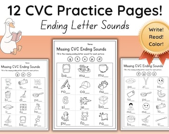 May include: Educational printable pages for CVC word practice. The image shows three worksheets with fill-in-the-blank exercises, featuring illustrations of various objects. The title reads "12 CVC Practice Pages! Ending Letter Sounds."