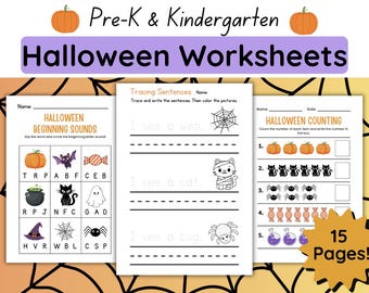 May include: Halloween-themed worksheets for Pre-K and Kindergarten. The worksheets include activities such as tracing sentences, counting, and identifying beginning sounds. The image shows pumpkins, bats, cats, spiders, and other Halloween-related images.
