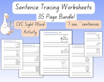 CVC Sentence Tracing Worksheets | 35 Printable Phonics & Sight Word Practice Pages | Kindergarten Literacy