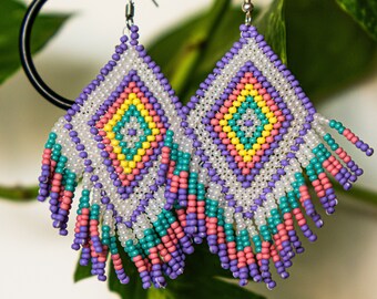 Handmade Anishinaabe Rainbow Diamond Earrings with Short FringeBe