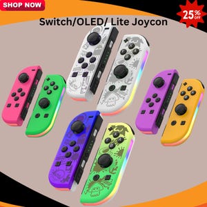 Puede incluir: Mandos Joycon Switch/OLED/Lite coloridos en rosa, verde, blanco, morado y amarillo. Cada mando tiene un joystick y botones negros, algunos con diseños gráficos. La imagen incluye el texto "Shop Now" y "25% Off".
