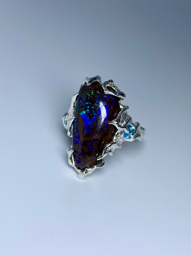Unique Silver Ring Natural Opal boulder Australian Topaz image 3