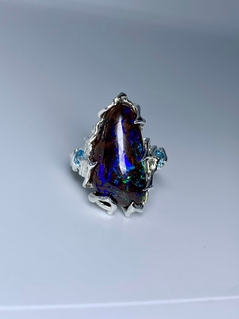 Unique Silver Ring Natural Opal boulder Australian Topaz image 6