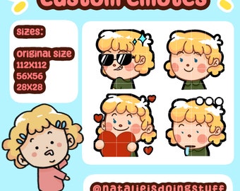 Könnte beinhalten: Grafik mit digitaler Kunst, die benutzerdefinierte Emotes zeigt. Das Bild zeigt vier Cartoon-Emotes mit blonden Haaren und verschiedenen Ausdrücken, darunter Sonnenbrillen, ein Funkel-Effekt, ein Herz halten und sabbern. Der Text "custom emotes" steht oben.
