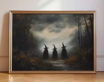 Hexencoven im Wald Kunstdruck | düster bezaubernde Hexen im Wald, mystische Halloween Hexen Schwestern, Hexen Versammeln, herbstlich