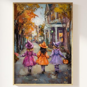 Lámina artística para niños pidiendo dulces / aquelarre de brujas, niños disfrazados para la noche de Halloween, diversión linda y caprichosa, magia de los suburbios estadounidenses