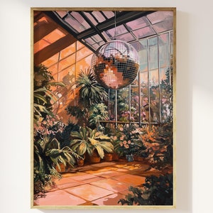 Impresión artística de bola de discoteca y plantas de los años 70 en un invernadero / bola de espejos con forma de bola de discoteca, estética cálida de los años 70, nostalgia retro, plantas y luz solar