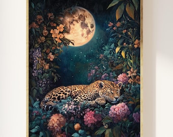 Leopard sleeping in flower bed under full moon art print | enchanting leopards lullaby, celestial full moon, cottagecore mystical nature art
