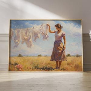 May include: A painting depicting a woman standing in a field, with a line of white laundry hanging on a clothesline behind her. The woman is wearing a pale pink dress and has her hair tied back. The sky is blue with white clouds. The field is a golden yellow colour.